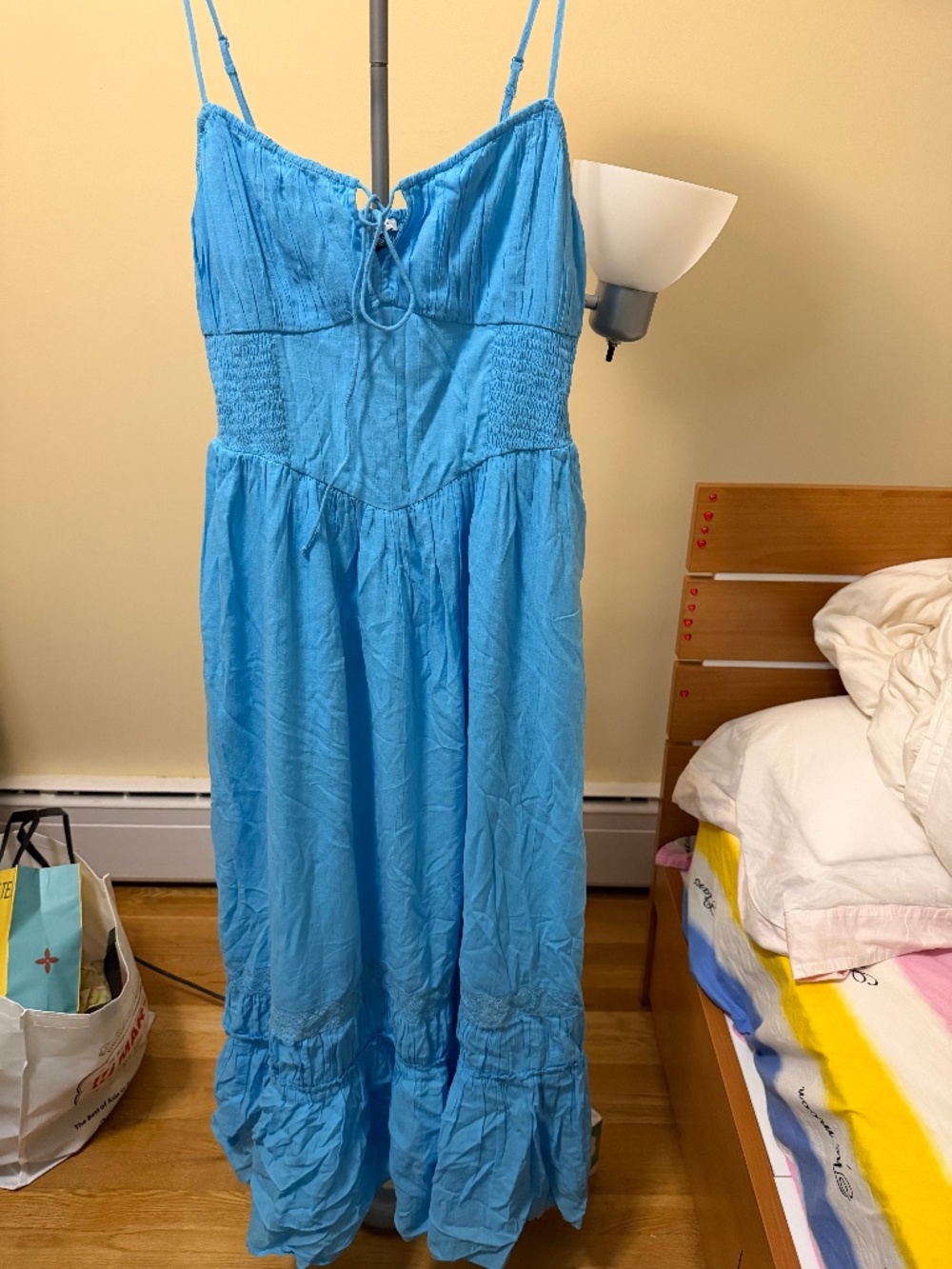 American Eagle Aerie Corset Tiered Midi Dress Smocked Back Large Blue NWT